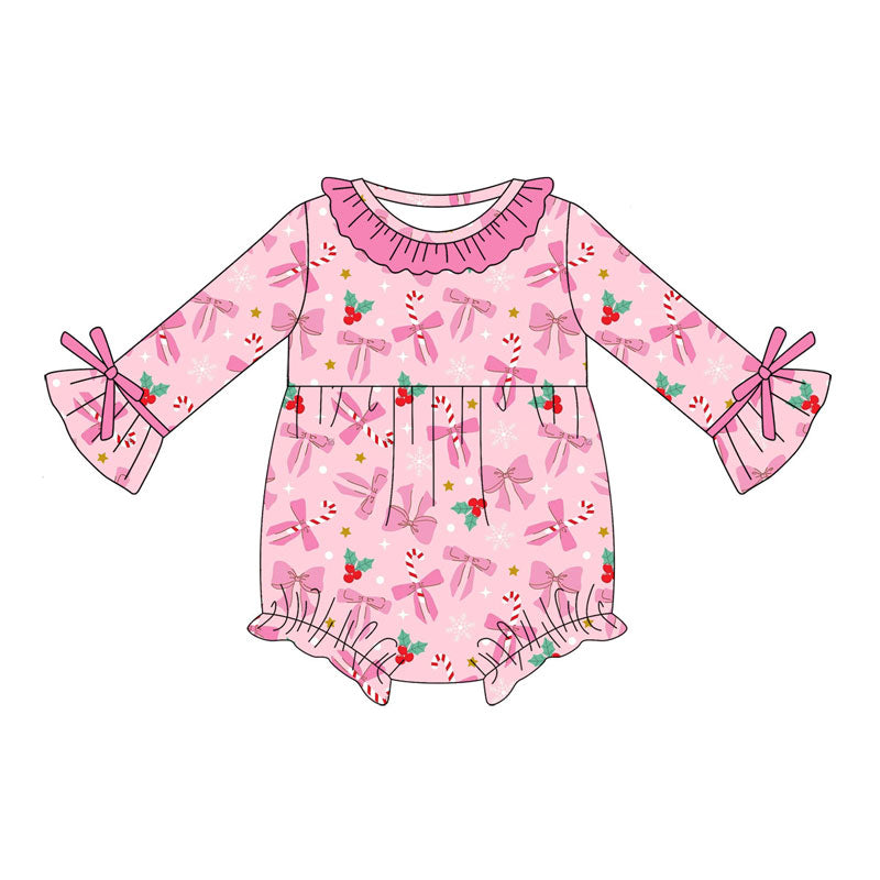 Preorder (moq 5)Baby Girls Pink Bows Candy Cane Holly Christmas Ruffle Rompers