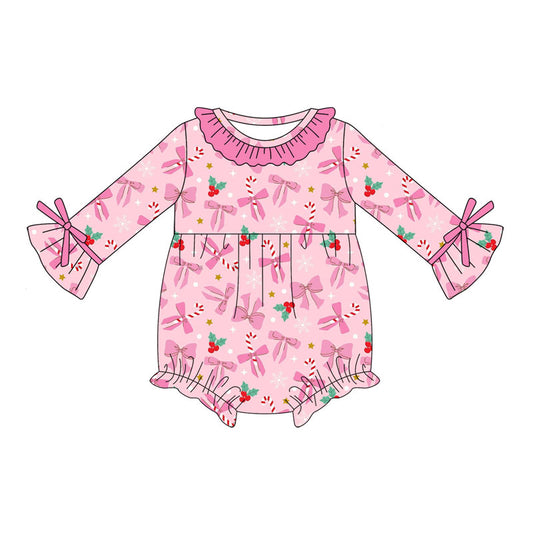 Preorder (moq 5)Baby Girls Pink Bows Candy Cane Holly Christmas Ruffle Rompers