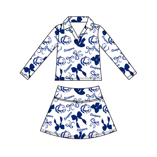Preorder (moq 5)Baby Girls Bows Cougars Top Skirt Short Team Clothes Set
