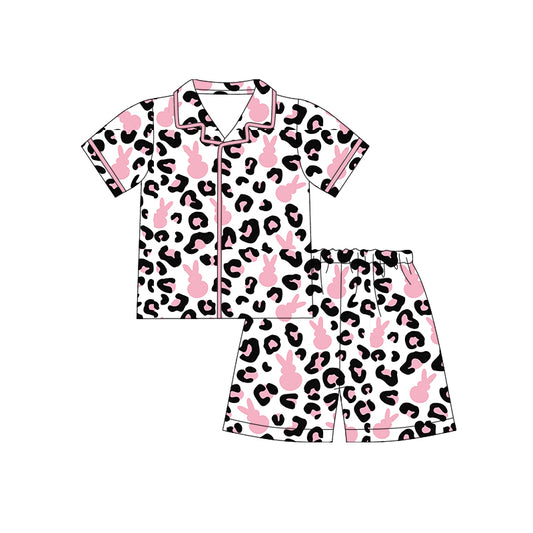Preorder (moq 5)Baby Girls Pink Rabbits Leopard Button Top Shorts Easter Pajamas Sets