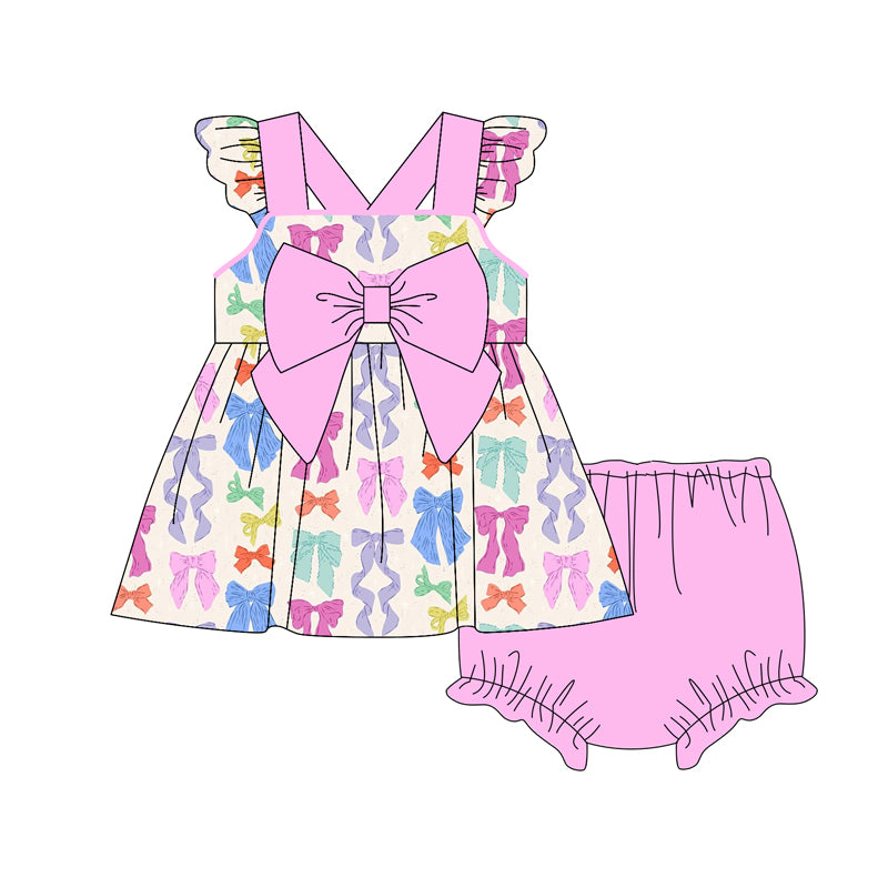 Preorder (moq 5)Baby Girls Pink Flutter Sleeves Colorful Bows Tunic Bummies Set