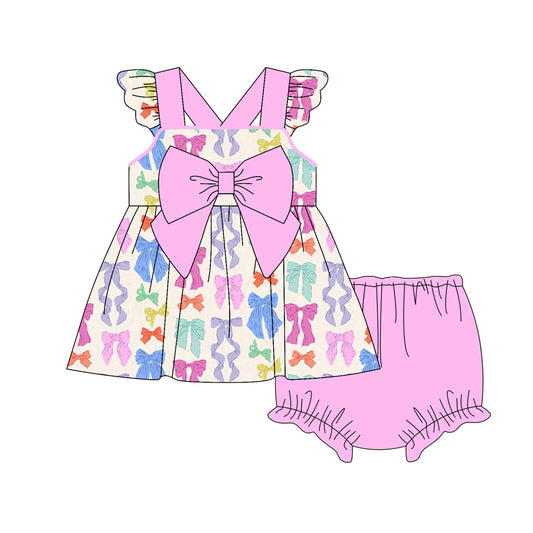 Preorder (moq 5)Baby Girls Pink Flutter Sleeves Colorful Bows Tunic Bummies Set