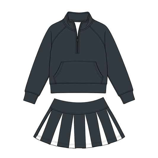 Preorder (moq 5) Baby Girls Black Zip Pockets Pullovers White Pleated Skirt Short Clothes Sets