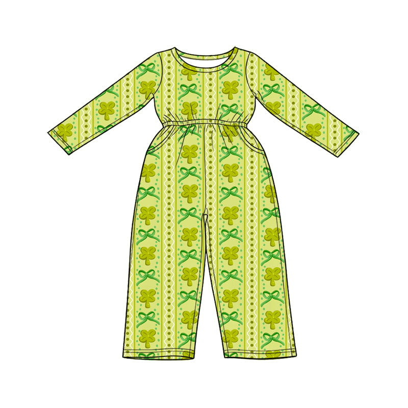 Preorder (moq 5) Baby Girl Clothes St Patrick's Day Dot Clover Bow Vertical Striped Print Long Sleeve Waist Jumpsuit