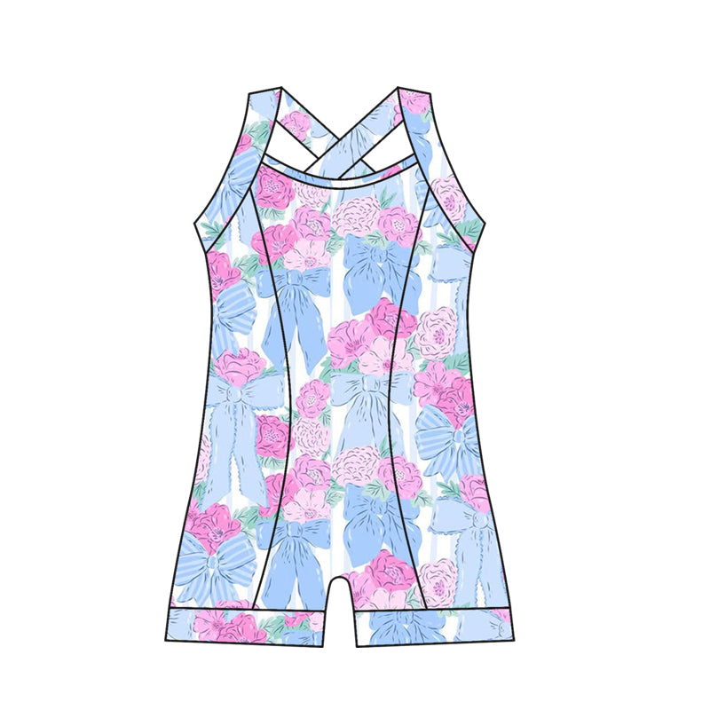 Preorder moq 10 Baby Girls Strap Blue Bows Flowers Activity Wear Yoga Jumpsuit