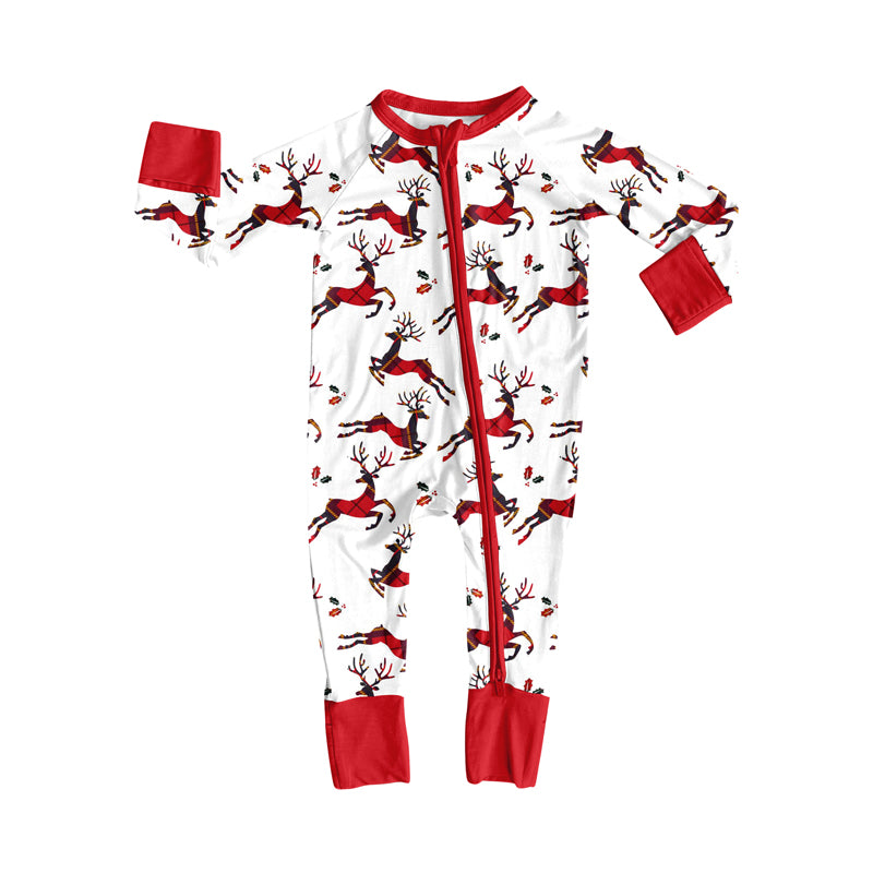 Preorder moq 5 Baby Infant Boys Long Sleeves Red Holly Deer Plaid Zipper Romper