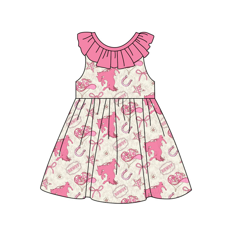 Preorder (moq 5)Baby Girls Pink Sleeveless Horse Rodeos Round Collar Knee Length Dress