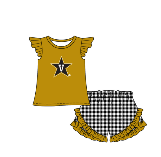 Preorder (moq 5)Baby Girls Gold V Top Checked Ruffle Short Team Clothes Set