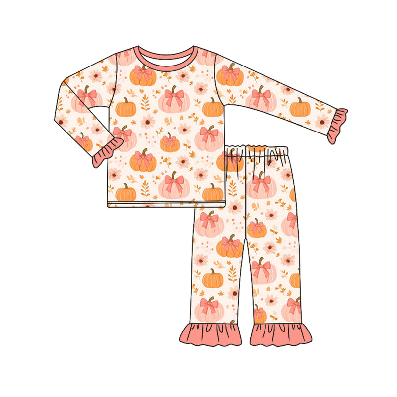 Preorder (moq 5)Baby Girls Long Ruffle Sleeves Peach Bows Pumpkins Top Pant Pajamas Set