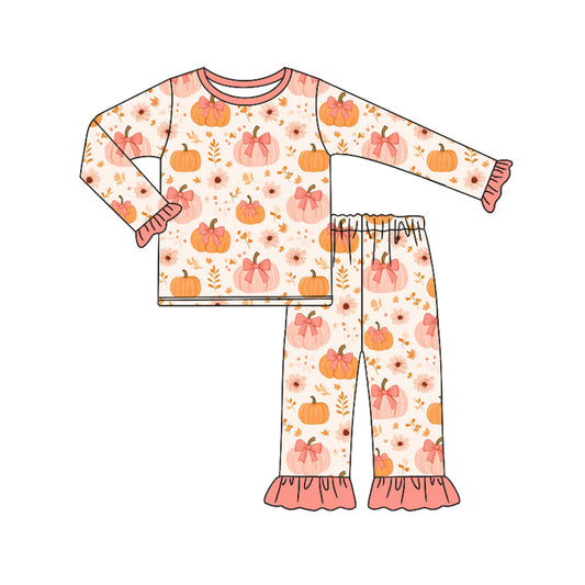 Preorder (moq 5)Baby Girls Long Ruffle Sleeves Peach Bows Pumpkins Top Pant Pajamas Set