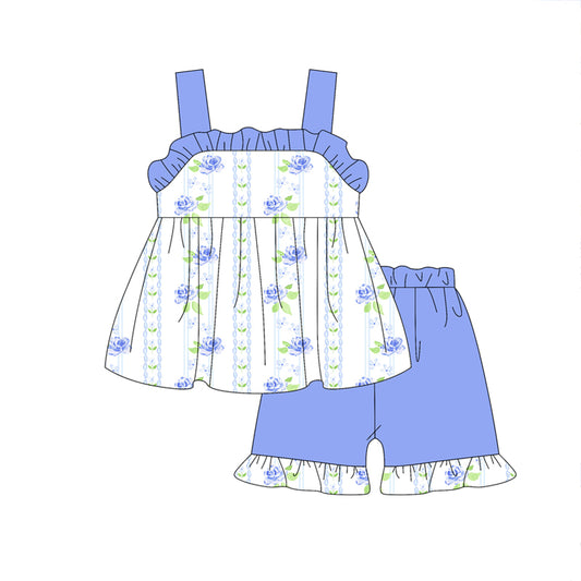 Preorder (moq 5)Baby Girls Blue Strap Floral Stripe Tunic Ruffle Short Set Preorder