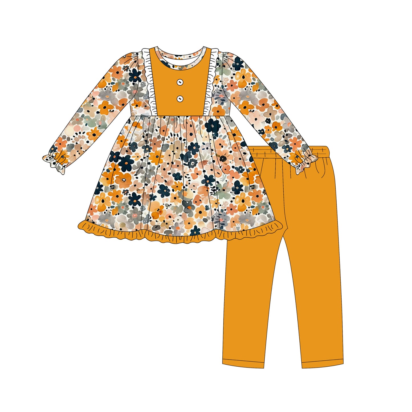 Preorder (moq 5)Baby Girls Long Ruffle Sleeves Orange Floral Button Tunic Legging Pant Set
