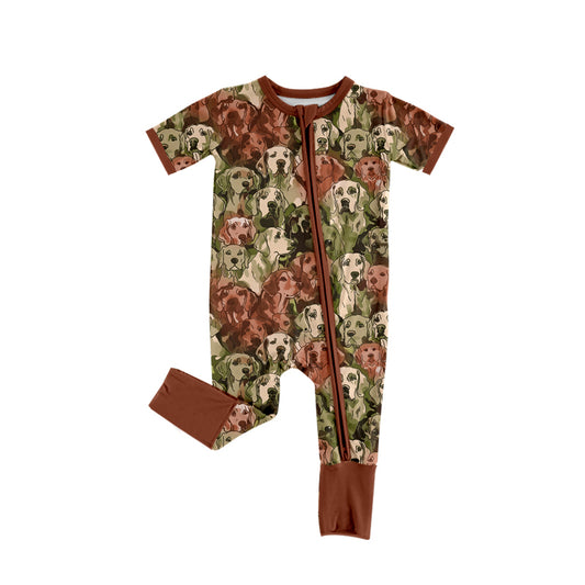 Preorder (moq 5)Baby Boys Brown Short Sleeves Dogs Zipper Rompers