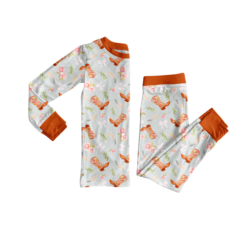 Preorder (moq 5)Baby Girls Long Sleeves Boots Flowers Bows Top Pant Pajamas Sets