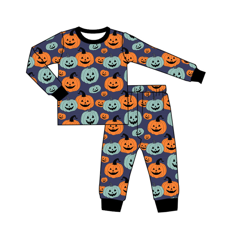 Preorder (moq 5)Baby Boys Long Sleeves Ghost Pumpkins Plaid Top Pants Pajamas Set