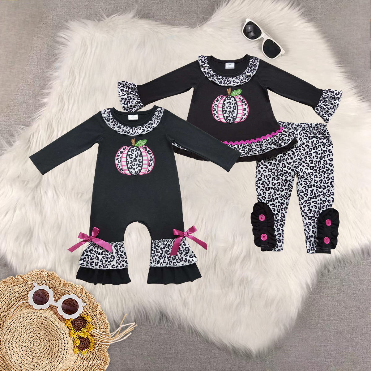 Sibling Baby Girls Black Long Sleeves Leopard Pumpkins Tunic Legging Pant Sets Romper