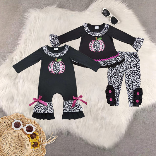 Sibling Baby Girls Black Long Sleeves Leopard Pumpkins Tunic Legging Pant Sets Romper