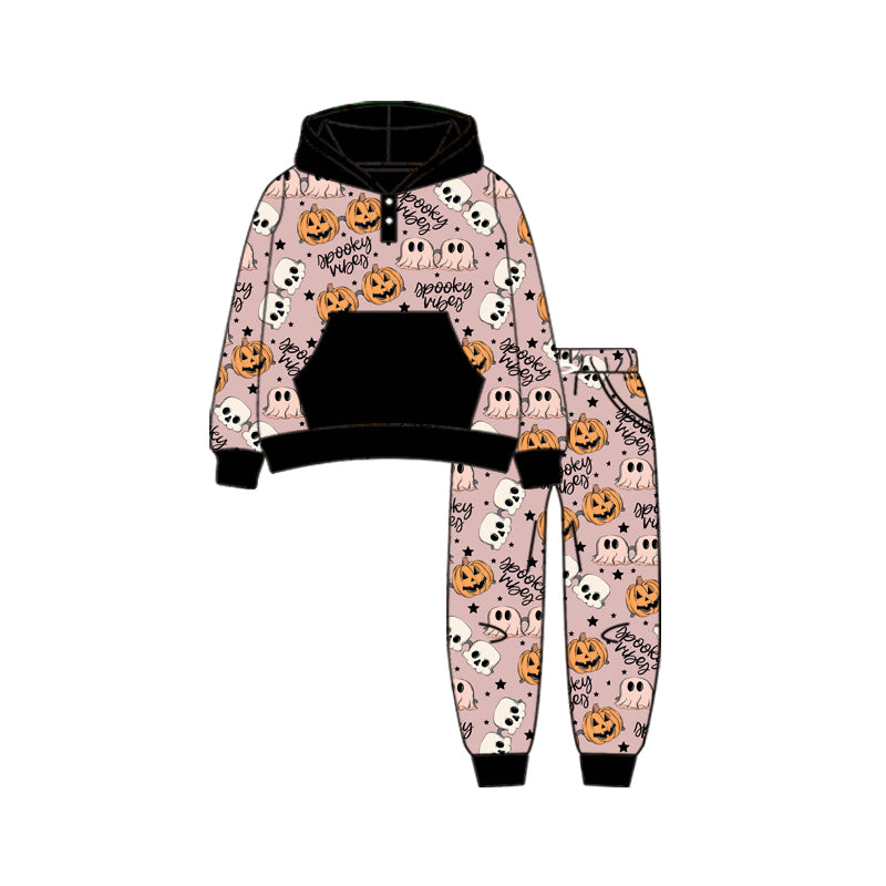 Preorder (moq 5)Baby Boys Long Sleeves Brown Ghosts Pumpkins Plaid Button Pocket Hoodies Legging Pants Set