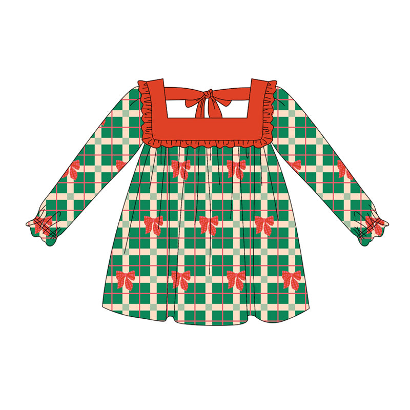 Preorder (moq 5)Baby Girls Long Ruffle Sleeves Green Plaid Red Bows Knee Length Dresses
