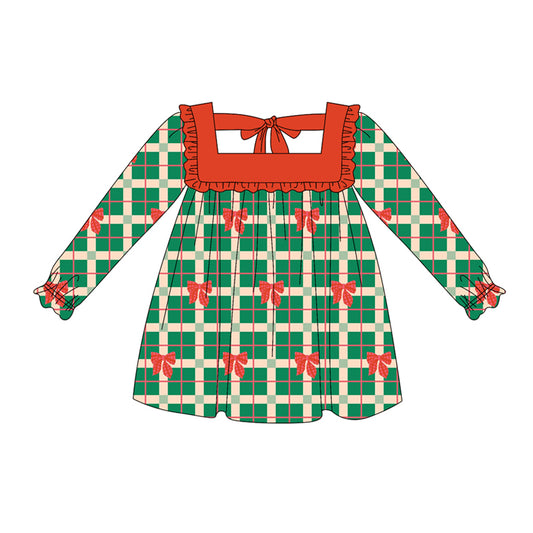 Preorder (moq 5)Baby Girls Long Ruffle Sleeves Green Plaid Red Bows Knee Length Dresses