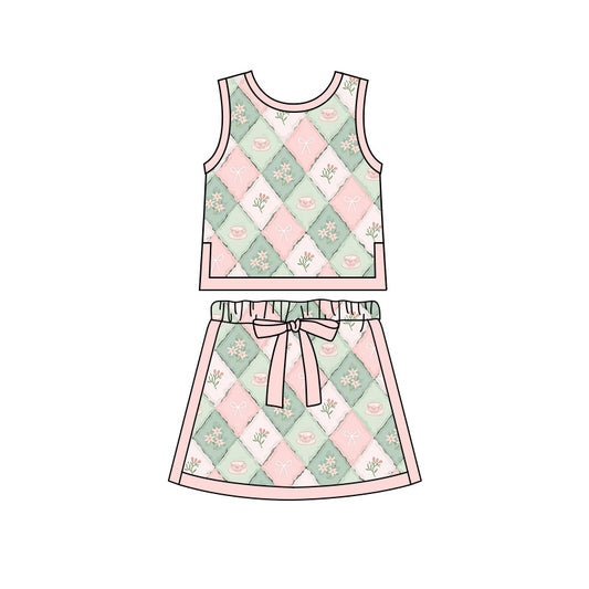 Preorder moq 5 Baby Girls Flower Coffee Checked Vests Skirt Shorts Clothes Set
