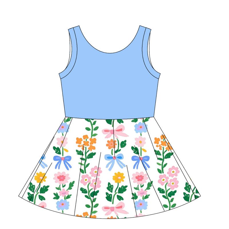 Preorder moq 10 Baby Girls Blue Sleeveless Top Floral Stripe Patchwork Knee Length Dresses