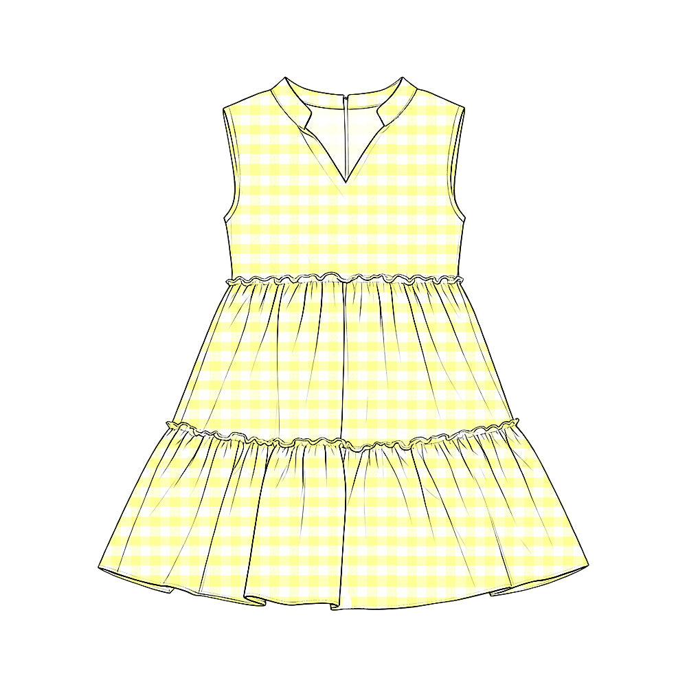 Preorder (moq 5) Girls’ Sleeveless Tiered Dresses, Yellow & White Plaid Collared V-Neck Ruffle Dress