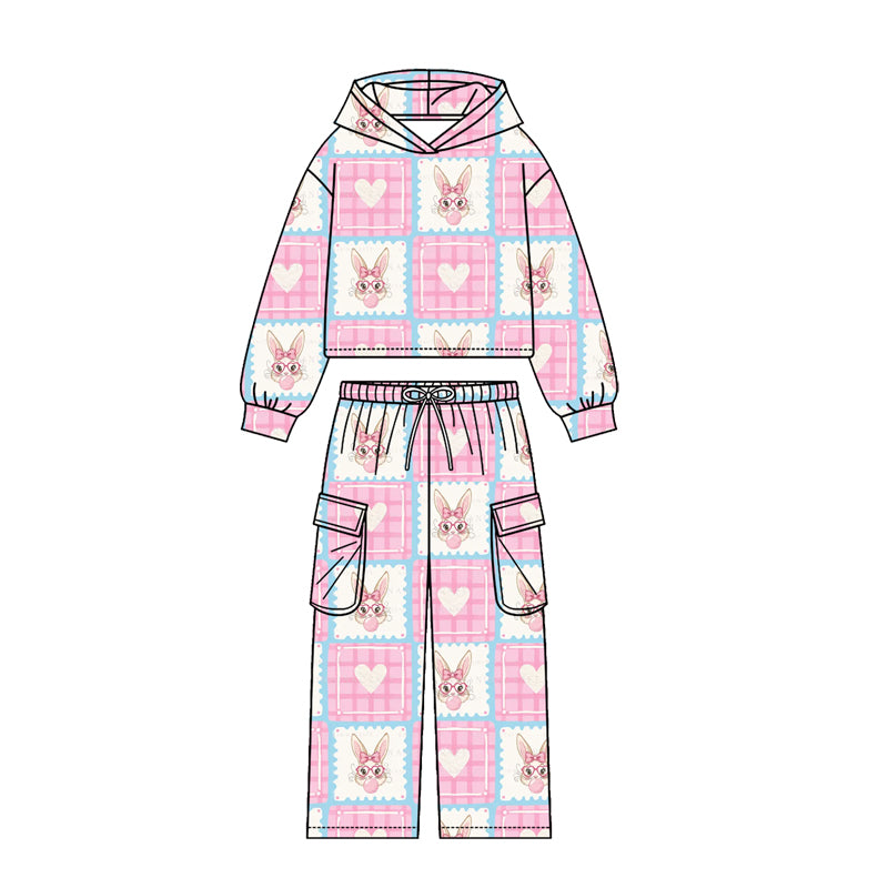 Preorder (moq5) Kids Easter Bunny Egg Print Hoodie Pockets Joggers Team Clothes Set