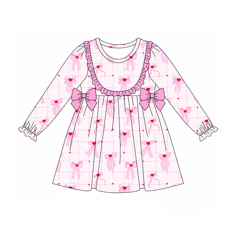 Preorder (moq 5)Baby Girls Long Ruffle Sleeves Pink Hearts Bows Plaid Knee Length Dress