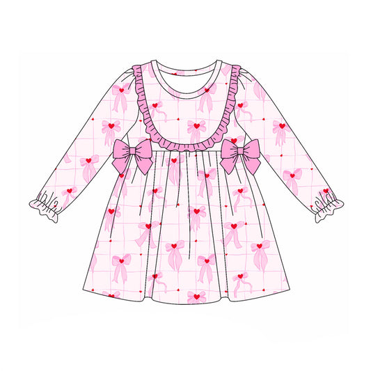 Preorder (moq 5)Baby Girls Long Ruffle Sleeves Pink Hearts Bows Plaid Knee Length Dress