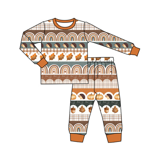 Preorder (moq 5)Baby Boys Khaki Long Sleeves Leaves Rainbows Top Pant Pajamas Set