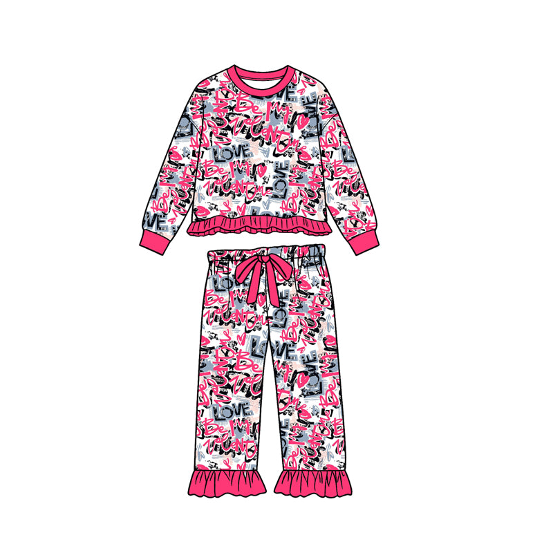 Pre-order(moq5) Girl Clothes Graffiti Love Letter Print Ruffle Long Sleeve Flare Pants Pajama Set