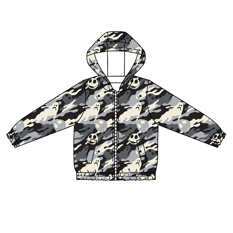 Preorder (moq 5)Baby Boys Long Sleeves Black Camo Ghost Skulls Pockets Zipper Hoodies Top