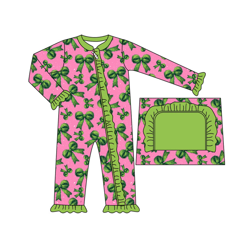 preorder(moq 5)Baby Infant Girls Green Bows Plaid Ruffle Christmas Zipper Rompers