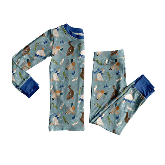 Preorder (moq 5)Baby Boys Hot Blue Ducks Gooses Plaid Top Pants Pajamas Clothes Set