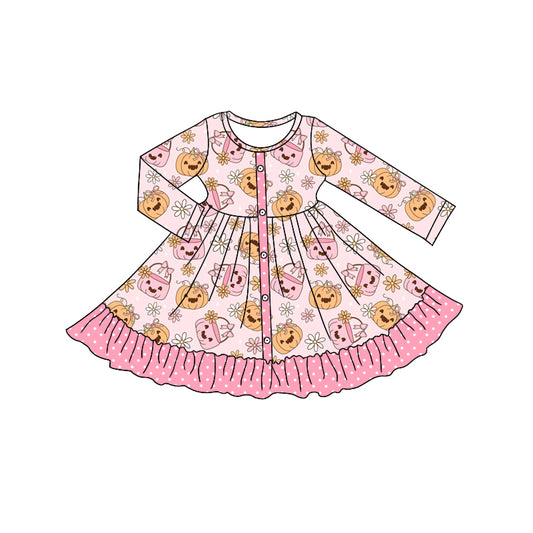 Preorder moq 5 Baby Girls Pink Long Sleeves Flowers Pumpkins Button Ruffle Knee Length Dresses