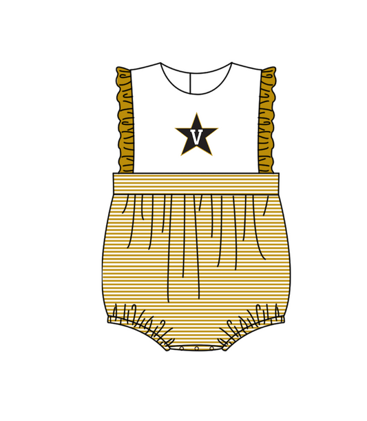 Preorder (moq 5)Baby Girls Sleeveless Gold V Team Ruffle Rompers