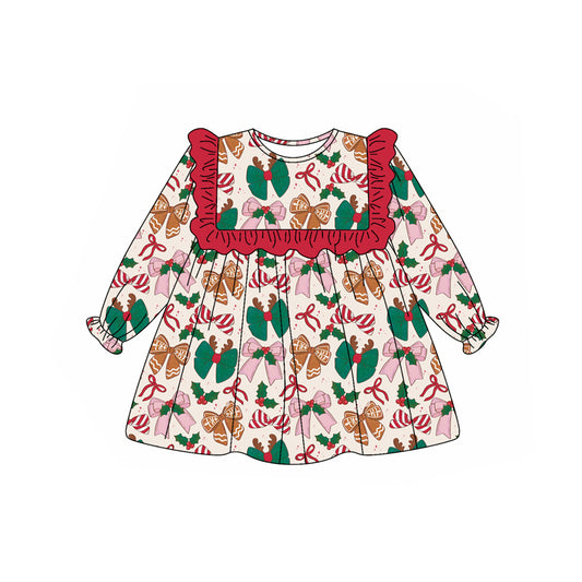 Preorder (moq 5)Baby Girls Long Ruffle Sleeves Colorful Bows Knee Length Dresses