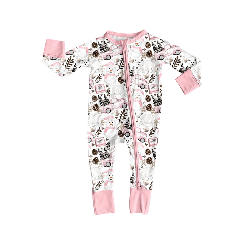 Preorder (moq 5)Baby Girls Long Sleeves Pink Snowman Trees Trucks Zipper Romper