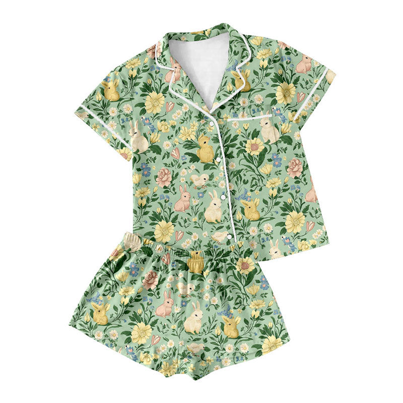 Preorder (moq 5)Baby Girls Green Rabbits Flowers Button Pocket Top Shorts Easter Pajamas Sets