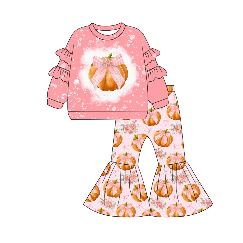 Preorder (moq 5)Baby Girls Long Sleeves Bows Pumpkins Top Bell Bottom Pant Set