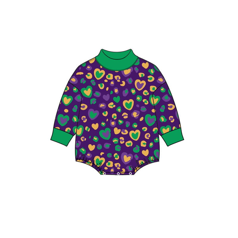 Preorder moq 5 Baby Girl Clothes Mardi Gras Heart Leopard Print Long Sleeve Mock Neck Bodysuit