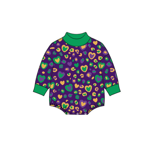 Preorder moq 5 Baby Girl Clothes Mardi Gras Heart Leopard Print Long Sleeve Mock Neck Bodysuit