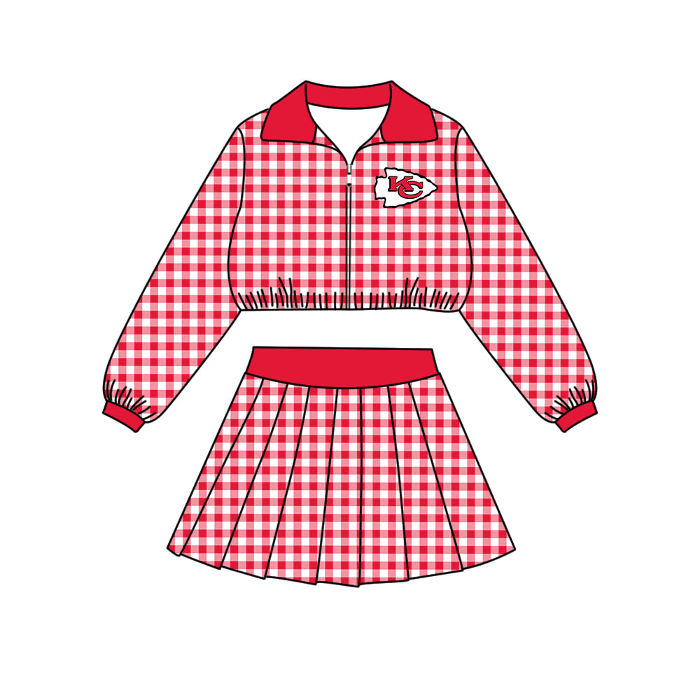 Preorder (moq 5)Baby Girls Black Checked Chiefs Zip Pullovers Skirt Short Team Clothes Set