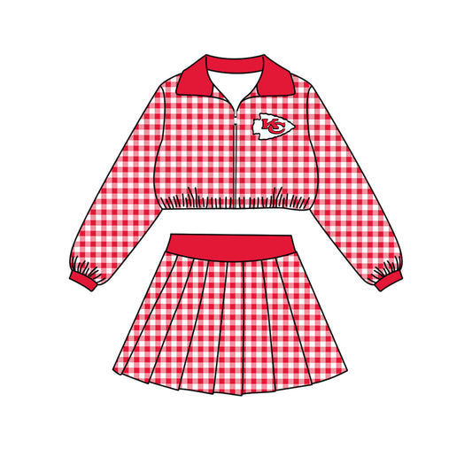 Preorder (moq 5)Baby Girls Black Checked Chiefs Zip Pullovers Skirt Short Team Clothes Set