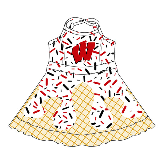 Preorder (moq 5)Baby Girls Strap Red W Drip Shorts Ruffle Team Knee Length Dresses