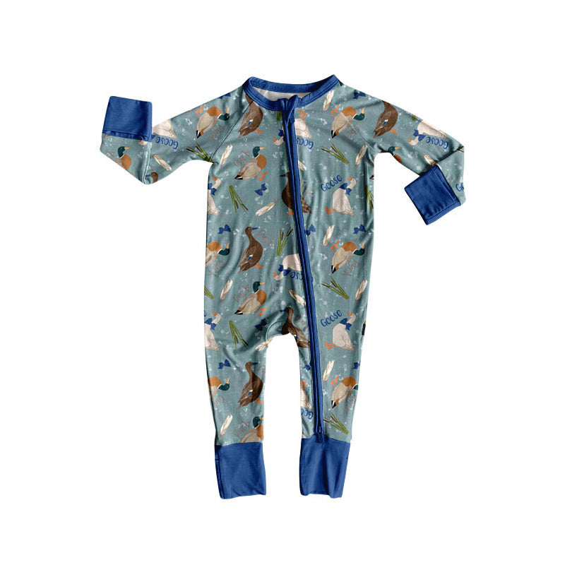 Preorder(moq 5)Baby Boys Hot Blue Ducks Gooses Plaid Zipper Footie Rompers