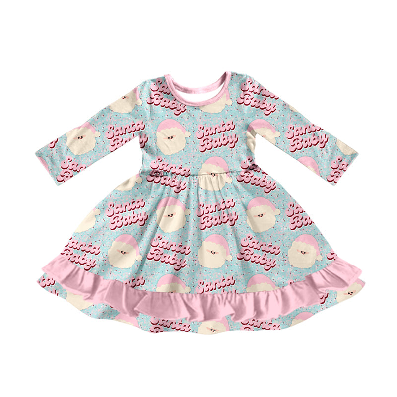 Preorder (moq 5)Baby Girls Long Sleeves Pink Santa Babe Plaid Ruffle Knee Length Dresses