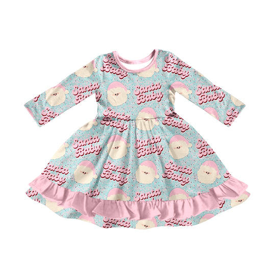 Preorder (moq 5)Baby Girls Long Sleeves Pink Santa Babe Plaid Ruffle Knee Length Dresses