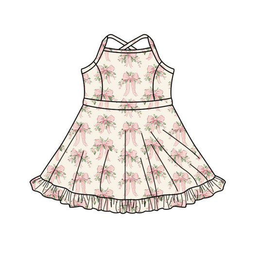 Preorder(moq 5) Baby Girls Strap Peach Bows Flowers Shorts Ruffle Knee Length Dresses